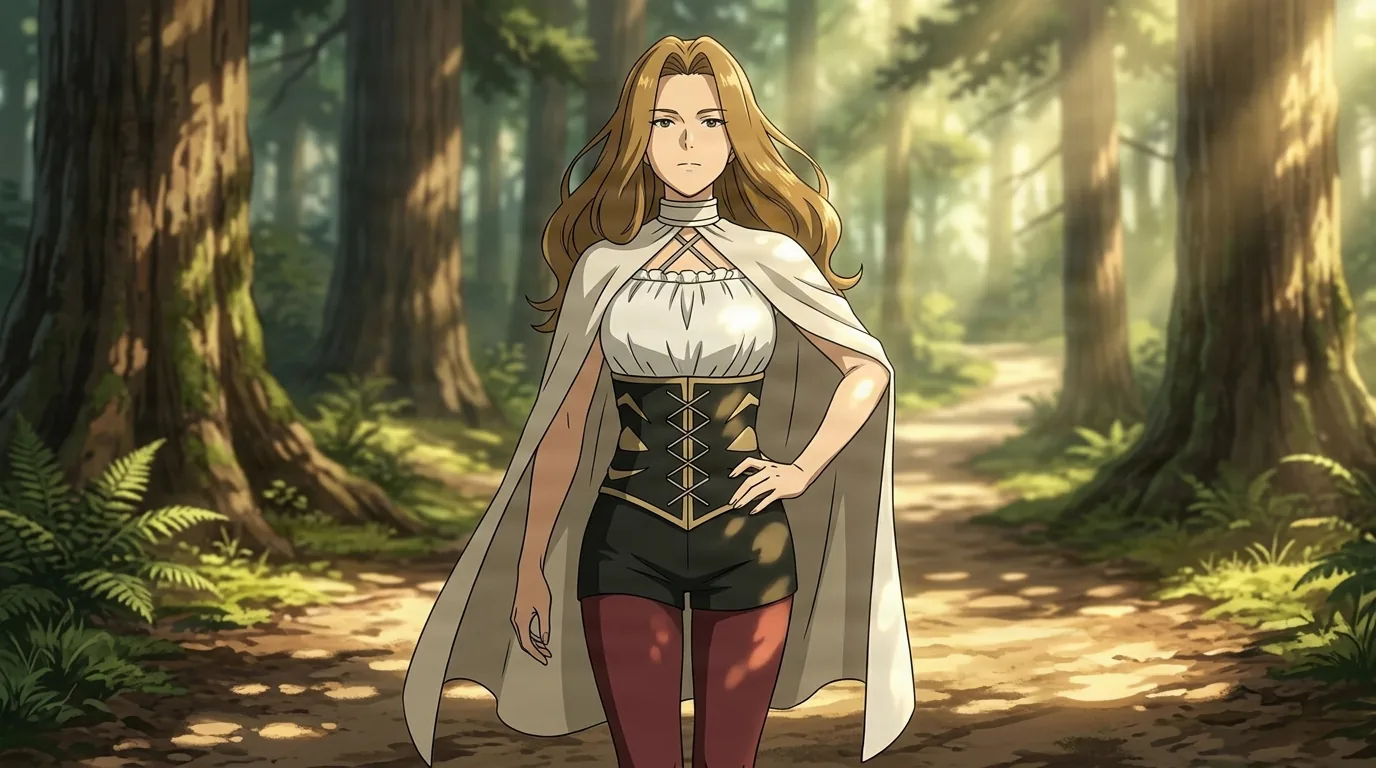 Methode, une femme vêtue d'une cape blanche et d'un corset noir lacé d'or, se tient une main sur la hanche sur une route forestière ensoleillée tachetée de lumière filtrant à travers de grands arbres.