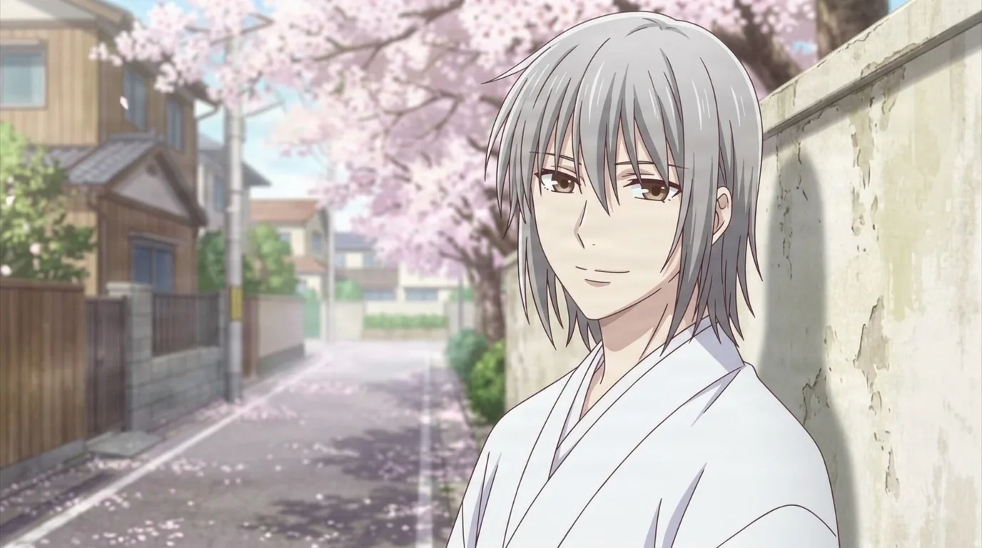 Akira Sohma with shoulder-length silver hair and amber eyes, wearing a white kimono and smiling faintly on a residential street under blooming cherry trees