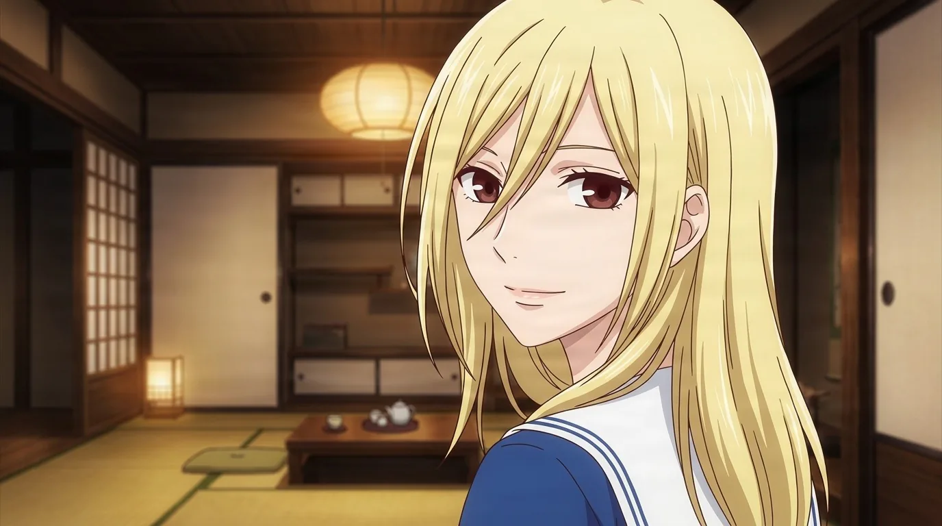 Arisa Uotani, long blonde hair over the shoulder of her blue and white sailor uniform, glancing back with a small smile inside a tatami room with a low tea table