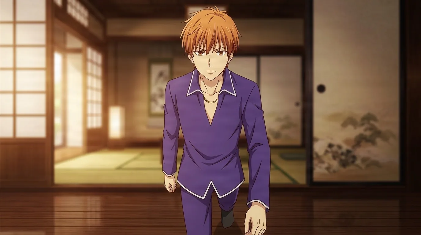 Hajime Sohma, an orange-haired young man in a purple jinbei with white trim and a gold chain, walking toward the viewer down a polished wooden hallway