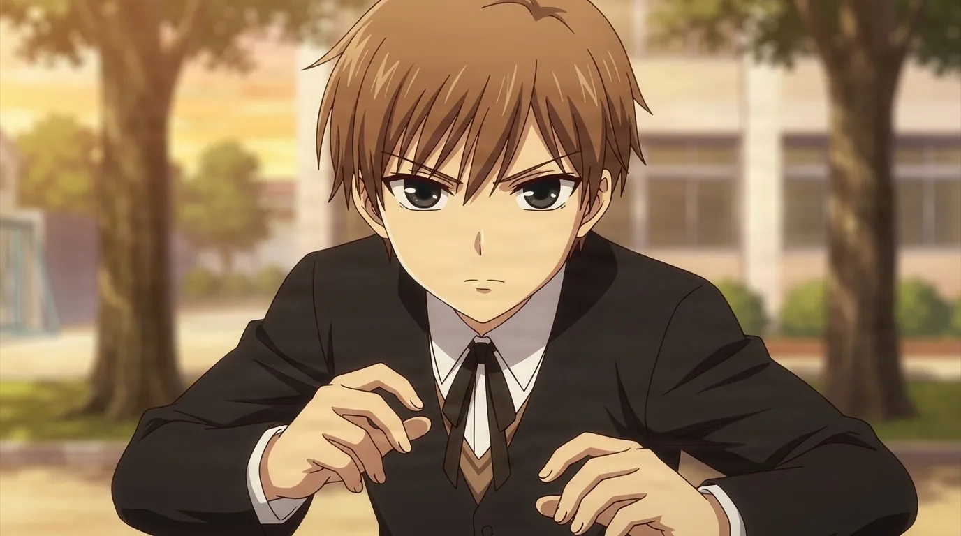 Hiro Sohma, a brown-haired boy in a black school uniform with a dark ribbon tie, hands raised in front of him, school grounds and trees blurred behind