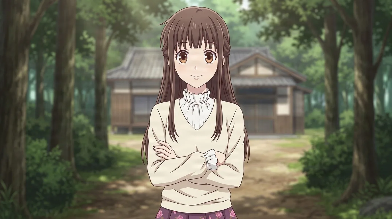 Kagura Sohma, long brown hair and warm brown eyes, arms folded over a cream sweater and floral skirt, a traditional wooden house in the woods behind her