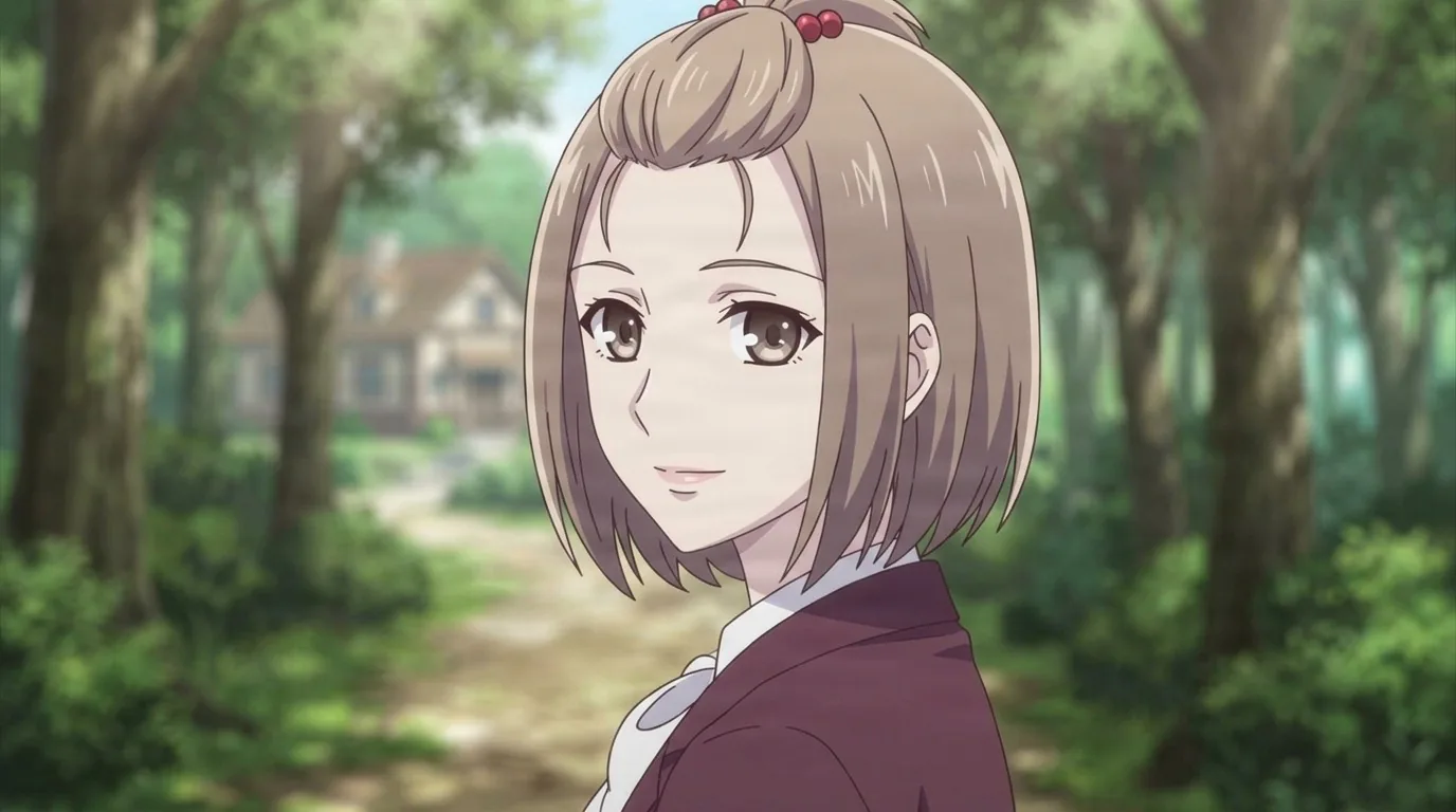 Kana Sohma with a short light brown bob tied in a small ponytail, wearing a maroon jacket over a white blouse, smiling on a wooded path