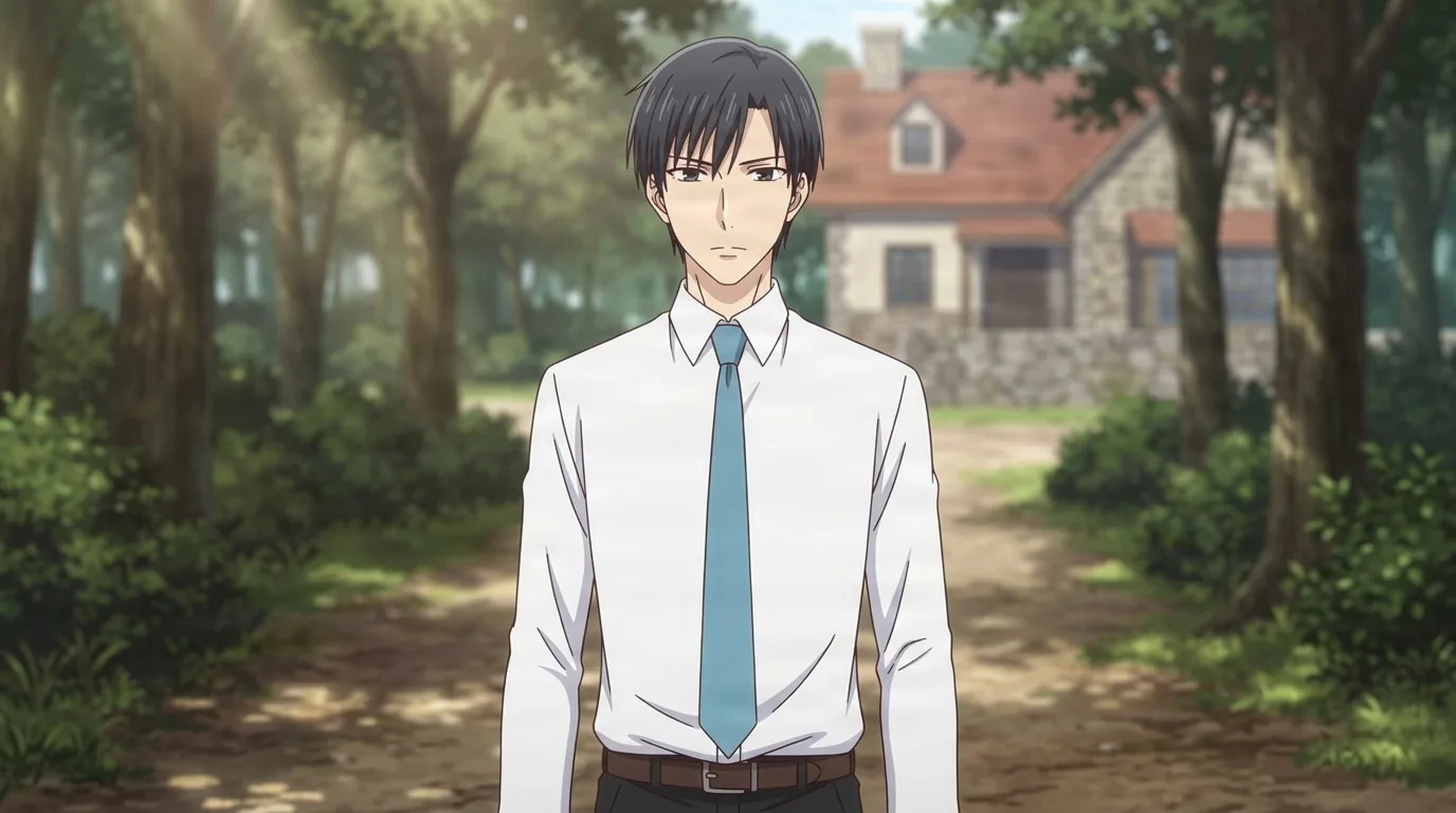 Katsuya Honda, a black-haired man in a crisp white dress shirt and blue tie, standing on a dirt path before a stone house among trees