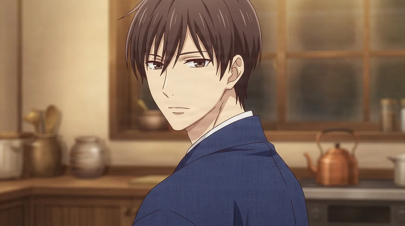 Kazuma Sohma in a deep blue kimono, brown hair and calm brown eyes, looking over his shoulder in a warm farmhouse kitchen