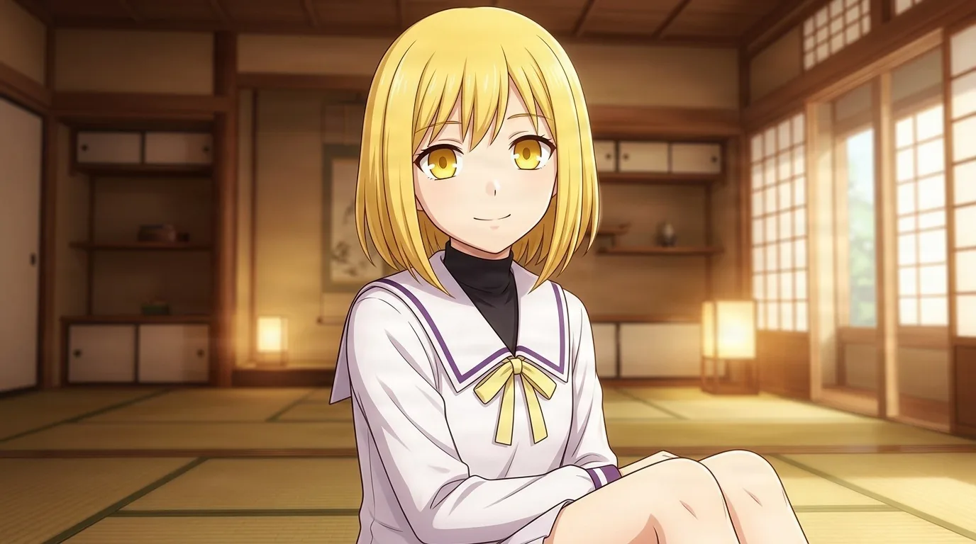 Kisa Sohma, a blonde girl with golden eyes in a white and purple sailor uniform, sitting on tatami in a sunlit traditional room