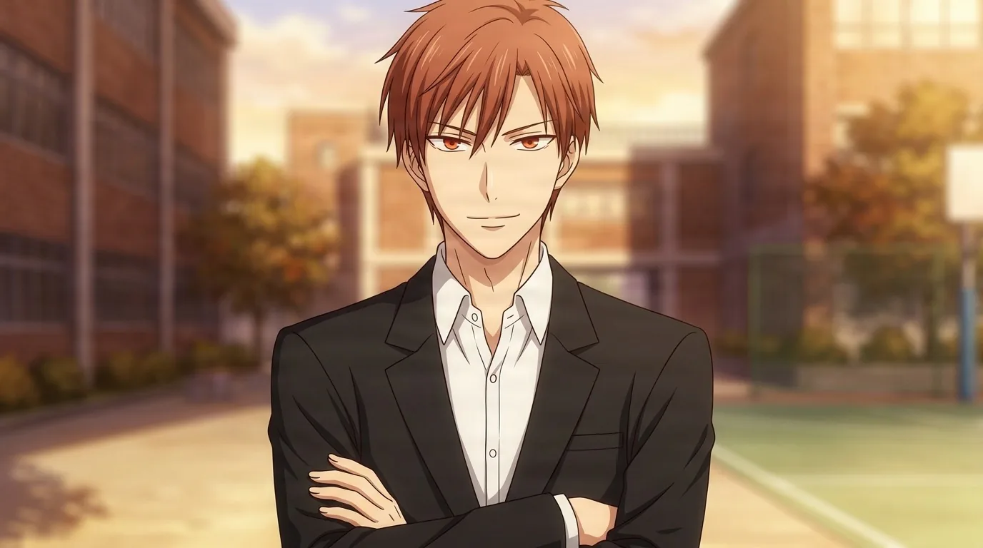 Kureno Sohma with reddish brown hair and amber eyes, arms folded in a black suit jacket over a white shirt, a school courtyard glowing behind him