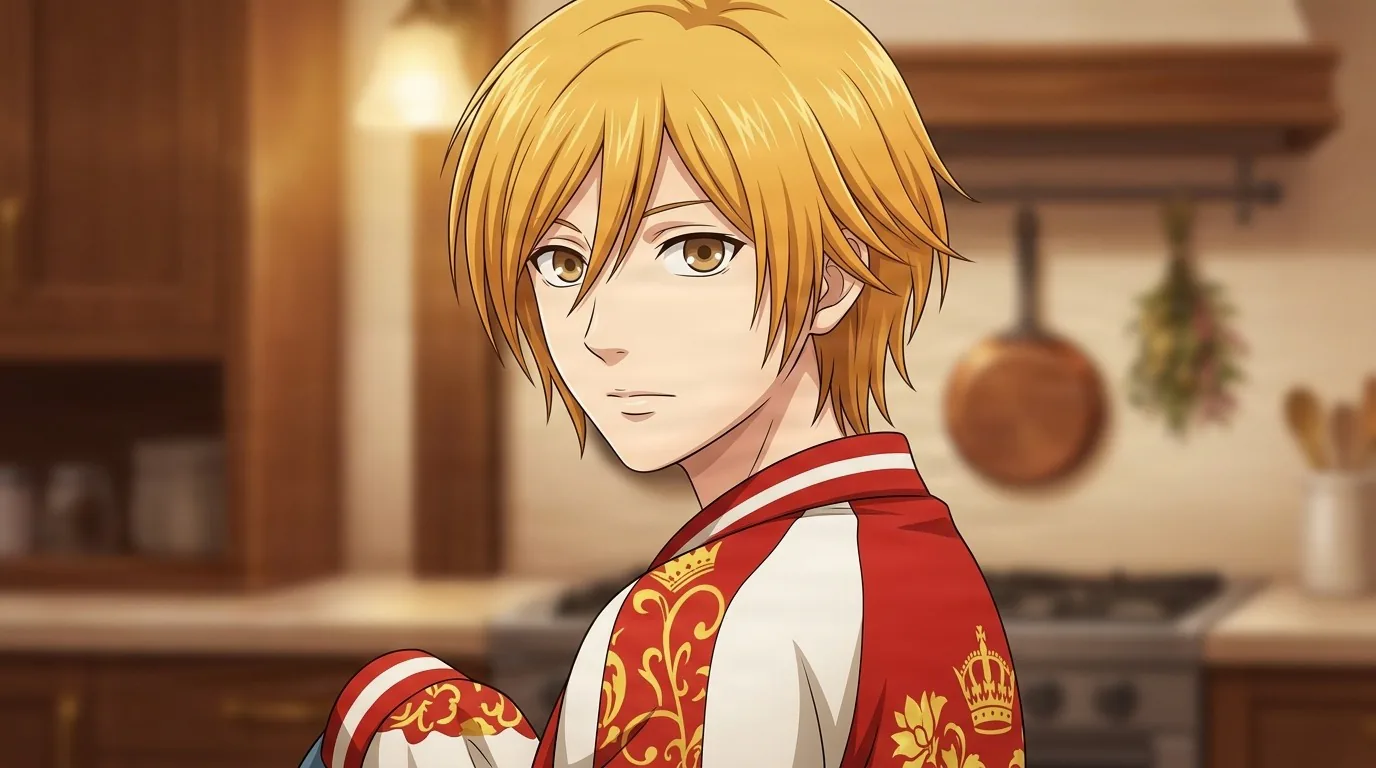 Kyoko Honda with short blonde hair and amber eyes, wearing a red and white jacket embroidered with gold crowns, glancing back in a warm kitchen