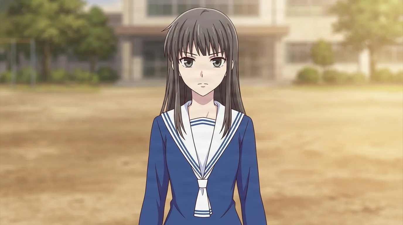 Machi Kuragi, long dark brown hair and grey green eyes, standing in a navy sailor uniform on an empty school field