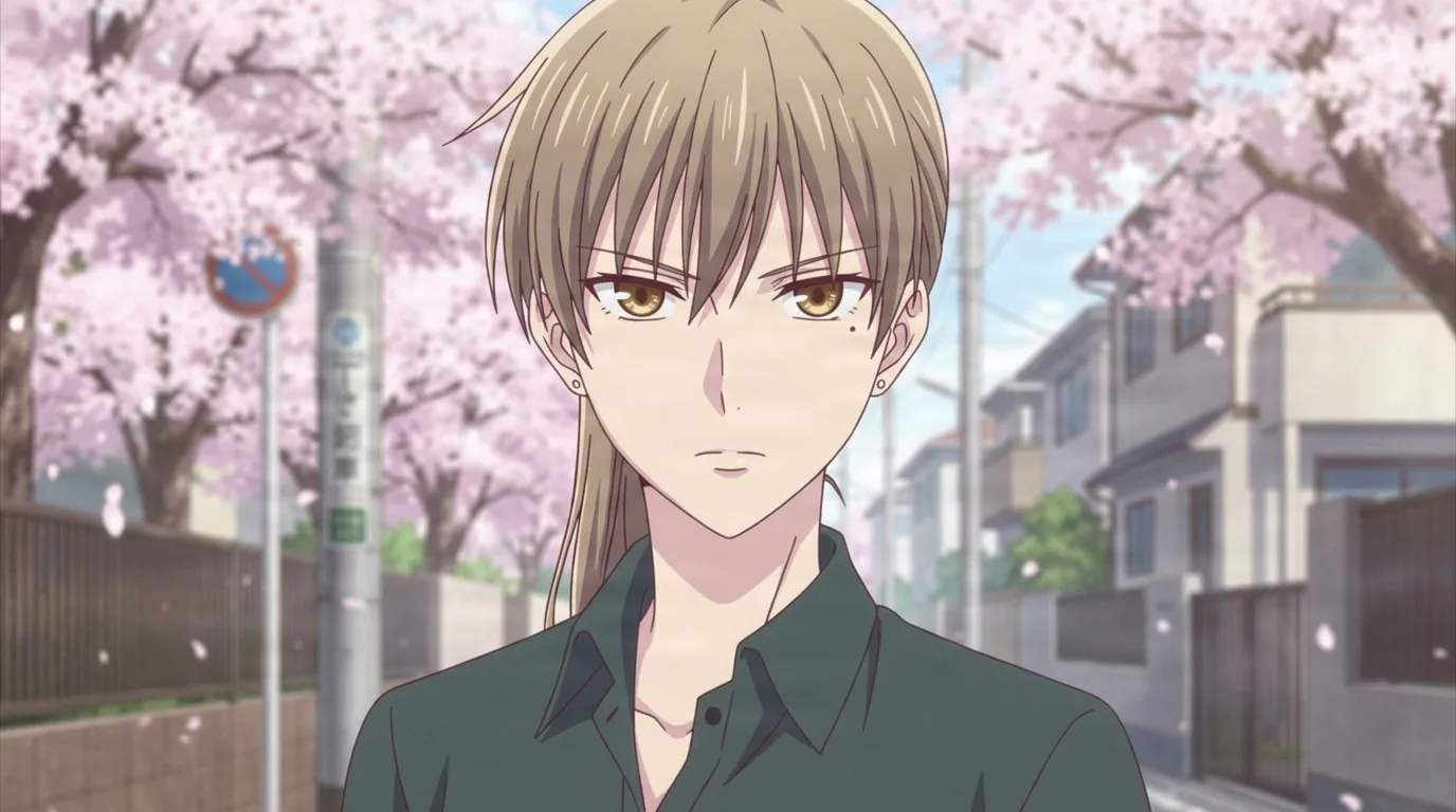 Mayuko Shiraki with long dish-blonde hair and golden eyes, wearing a dark green button-up shirt on a street under cherry blossoms