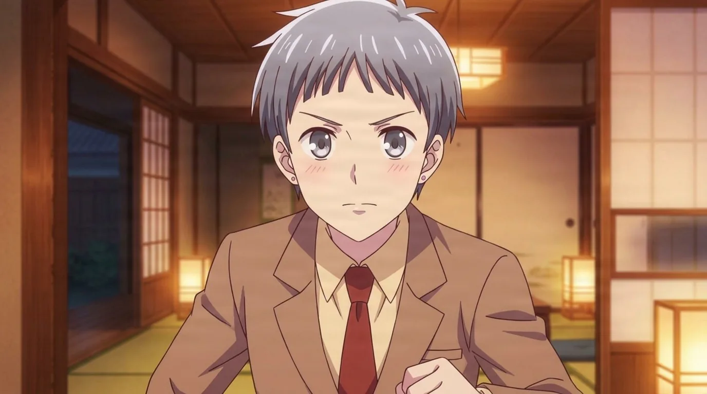 Mitsuru, a grey-haired young man in a tan suit with a red tie, looking flustered in a lamplit tatami room