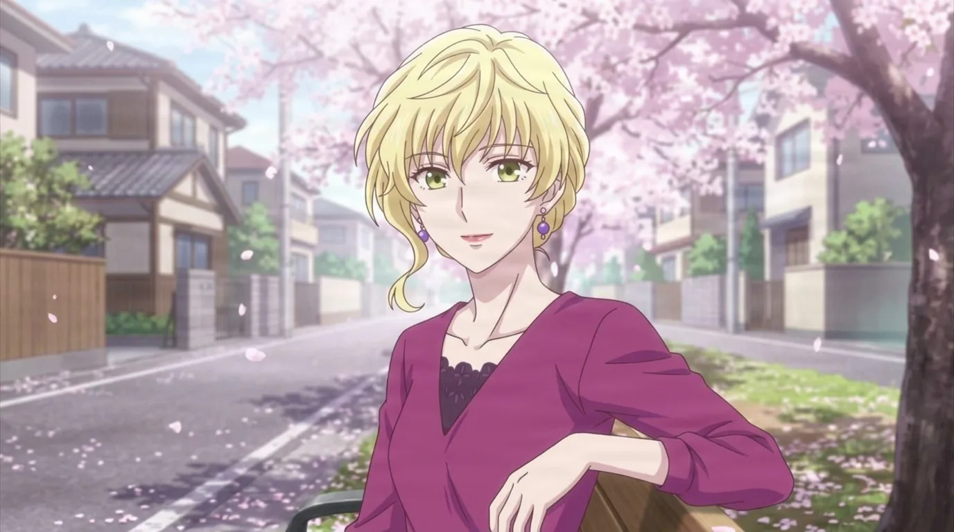Momiji's mother, a blonde woman with green eyes and purple drop earrings in a magenta blouse, resting against a bench under cherry blossoms