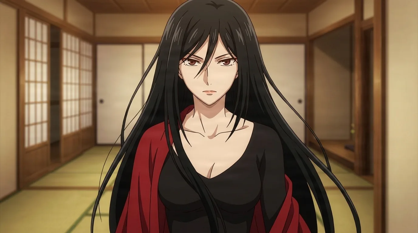 Ren Sohma with very long black hair and sharp brown eyes, wearing a black dress under a red robe in a bare tatami room