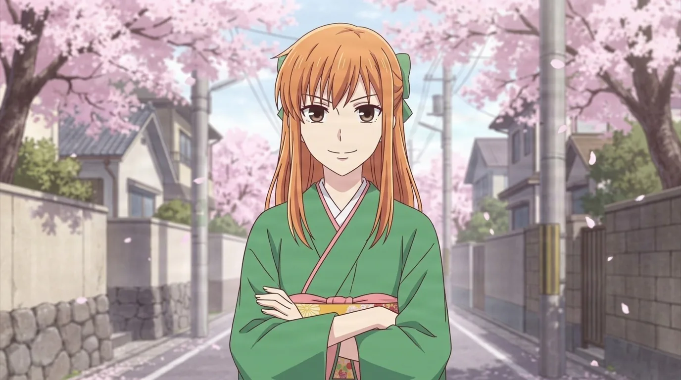 Ritsu Sohma with long orange hair and a green ribbon, wearing a green kimono with a pink and gold obi on a cherry blossom street