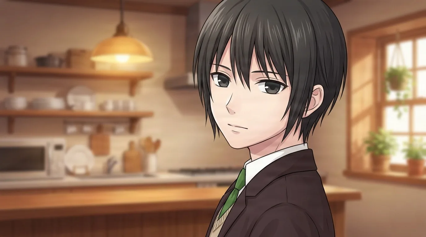 Shiki Sohma, a black-haired youth in a dark blazer with a green tie, looking toward the viewer in a warm wooden kitchen
