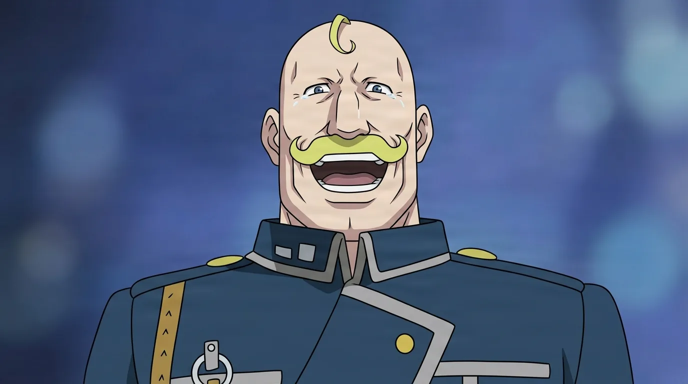 Alex Louis Armstrong from Fullmetal Alchemist in a close-framed cel-shaded anime scene with a detailed environment