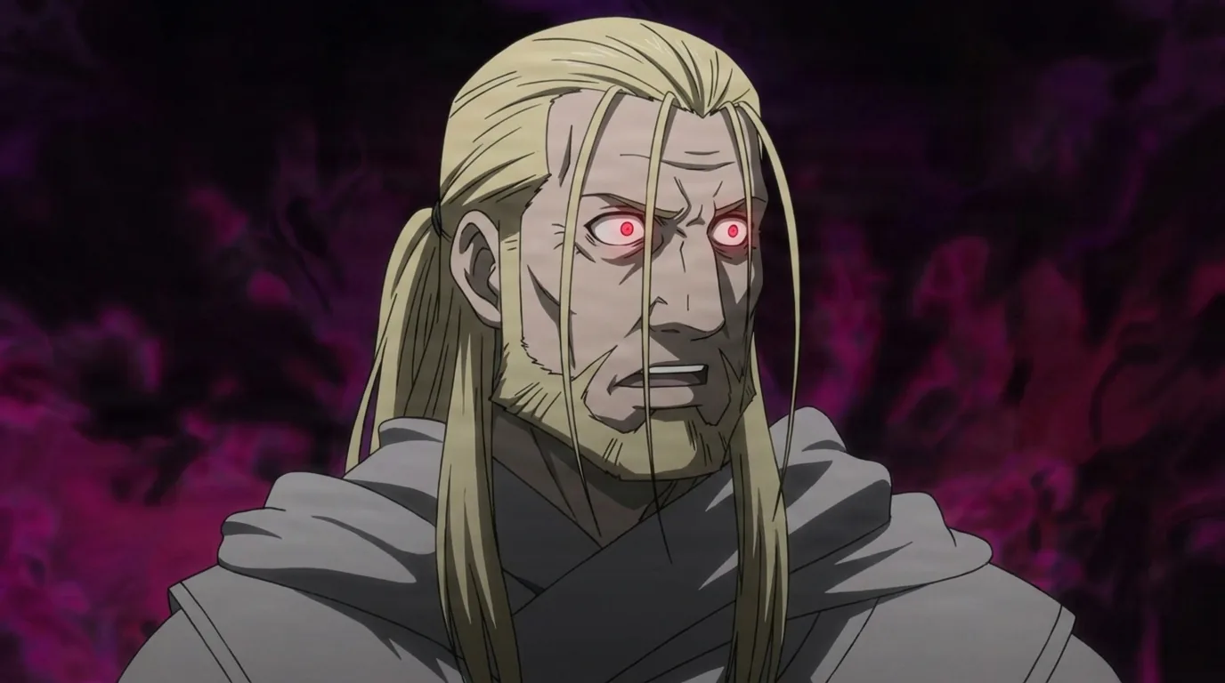 Father from Fullmetal Alchemist in a close-framed cel-shaded anime scene with a detailed environment