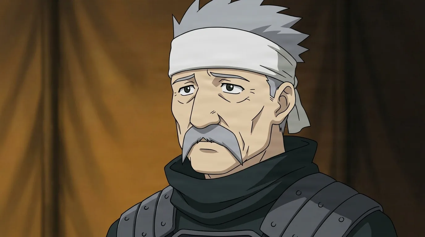 Fu from Fullmetal Alchemist in a close-framed cel-shaded anime scene with a detailed environment