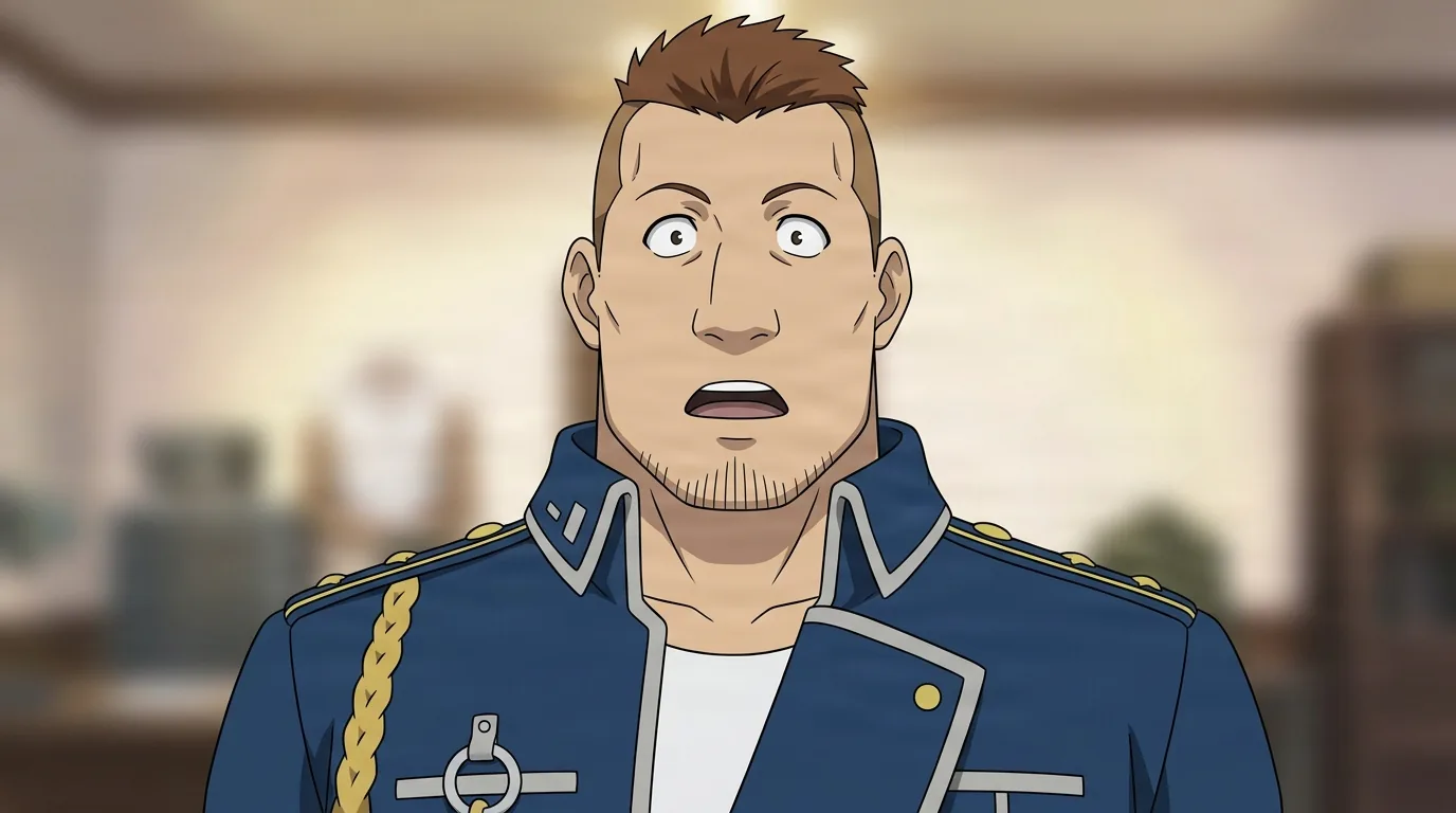 Heymans Breda from Fullmetal Alchemist in a close-framed cel-shaded anime scene with a detailed environment