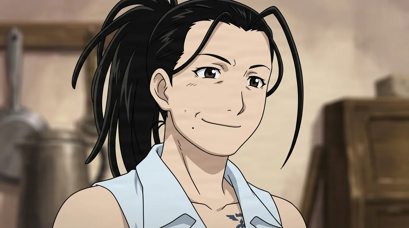 Izumi Curtis from Fullmetal Alchemist in a close-framed cel-shaded anime scene with a detailed environment