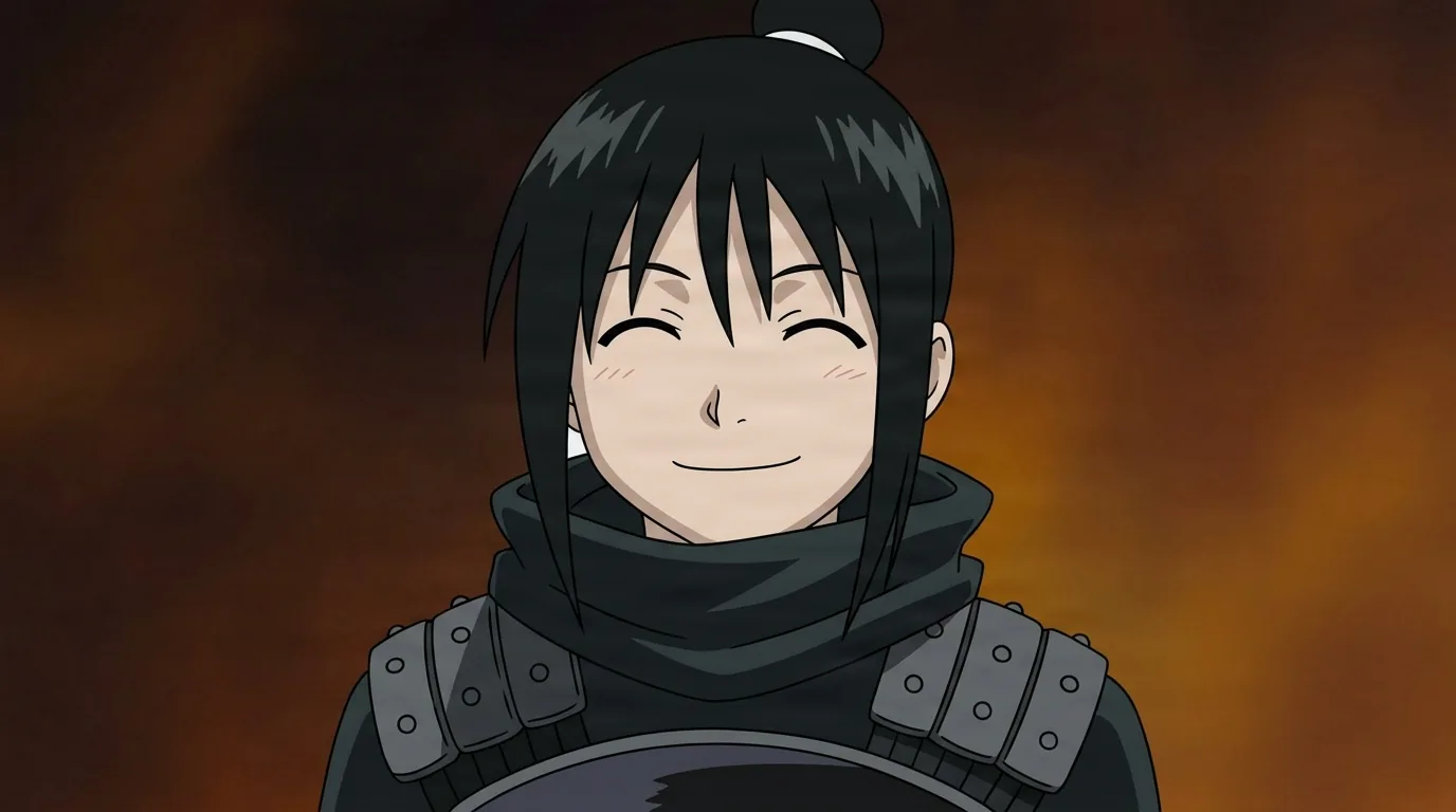 Lan Fan from Fullmetal Alchemist in a close-framed cel-shaded anime scene with a detailed environment