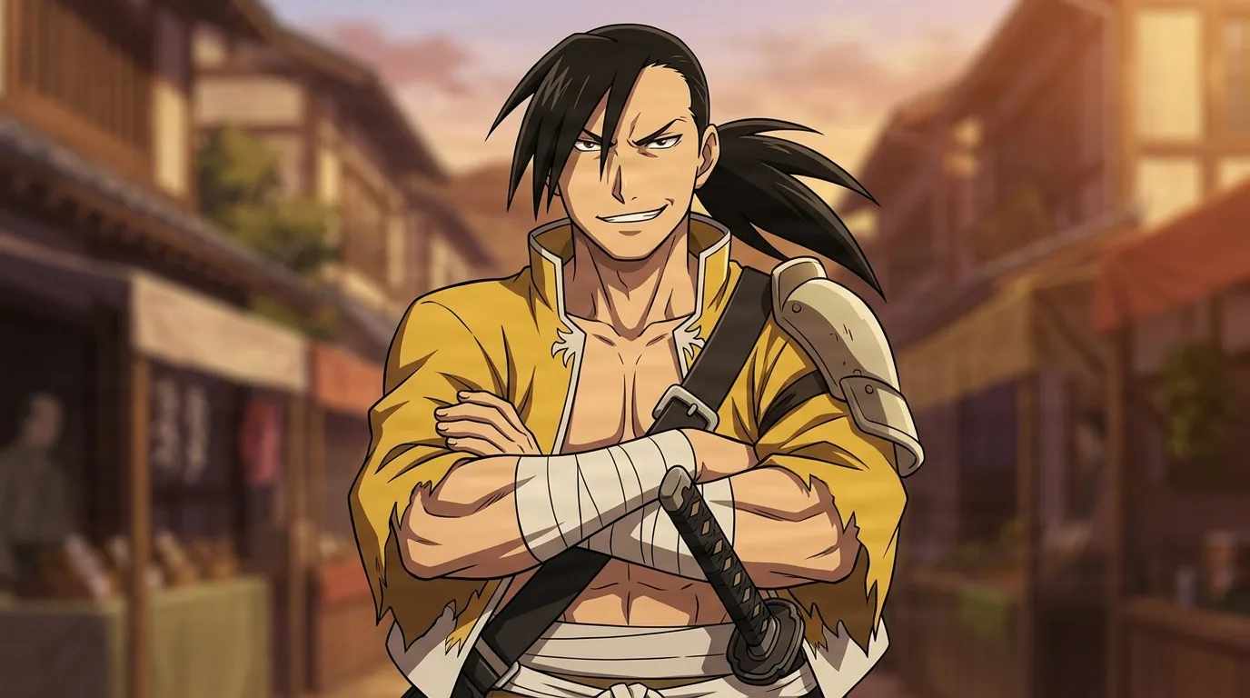 Ling Yao from Fullmetal Alchemist in a close-framed cel-shaded anime scene with a detailed environment
