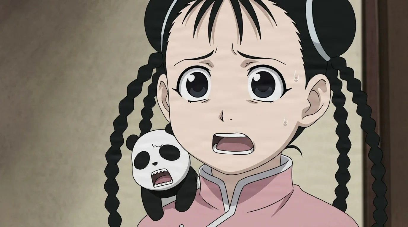 May Chang from Fullmetal Alchemist in a close-framed cel-shaded anime scene with a detailed environment
