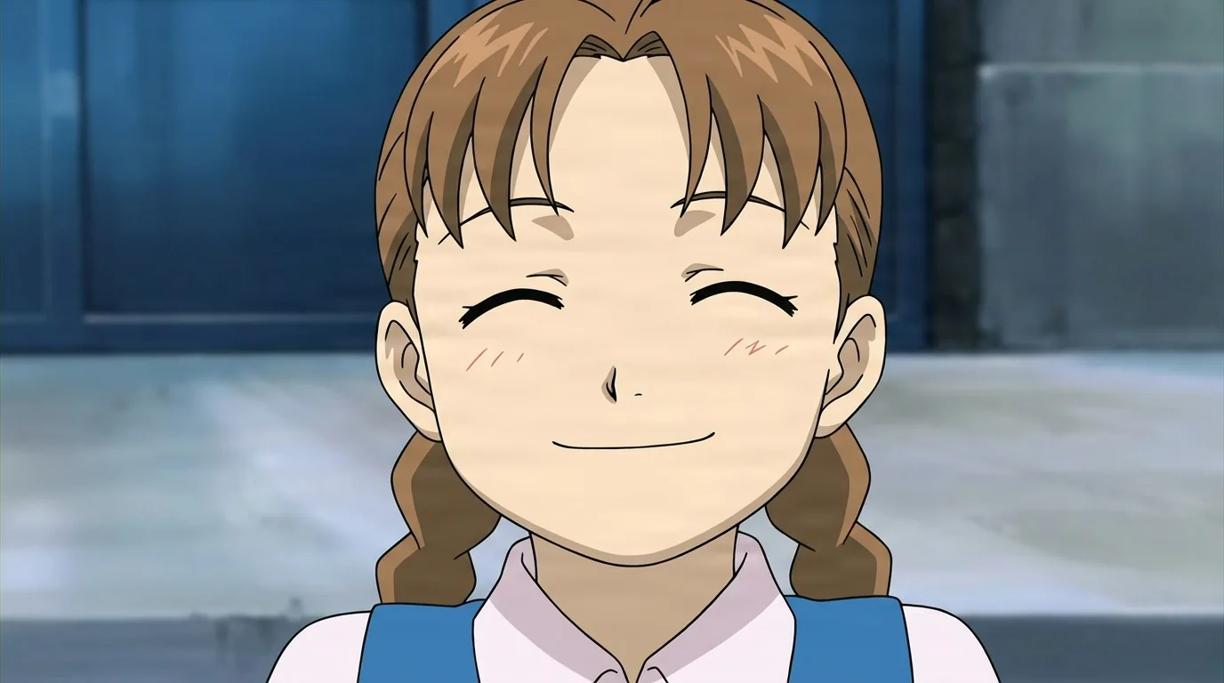 Nina Tucker from Fullmetal Alchemist in a close-framed cel-shaded anime scene with a detailed environment