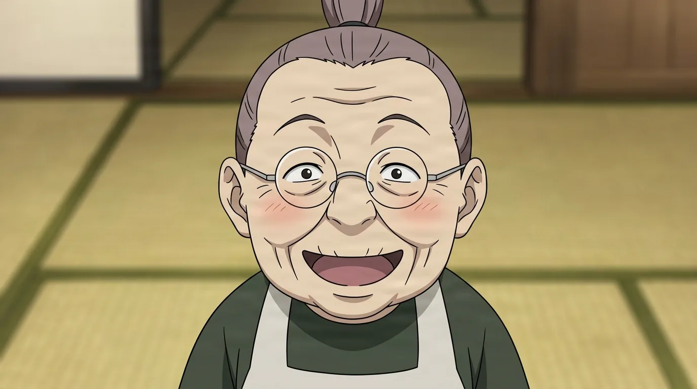 Pinako Rockbell from Fullmetal Alchemist in a close-framed cel-shaded anime scene with a detailed environment
