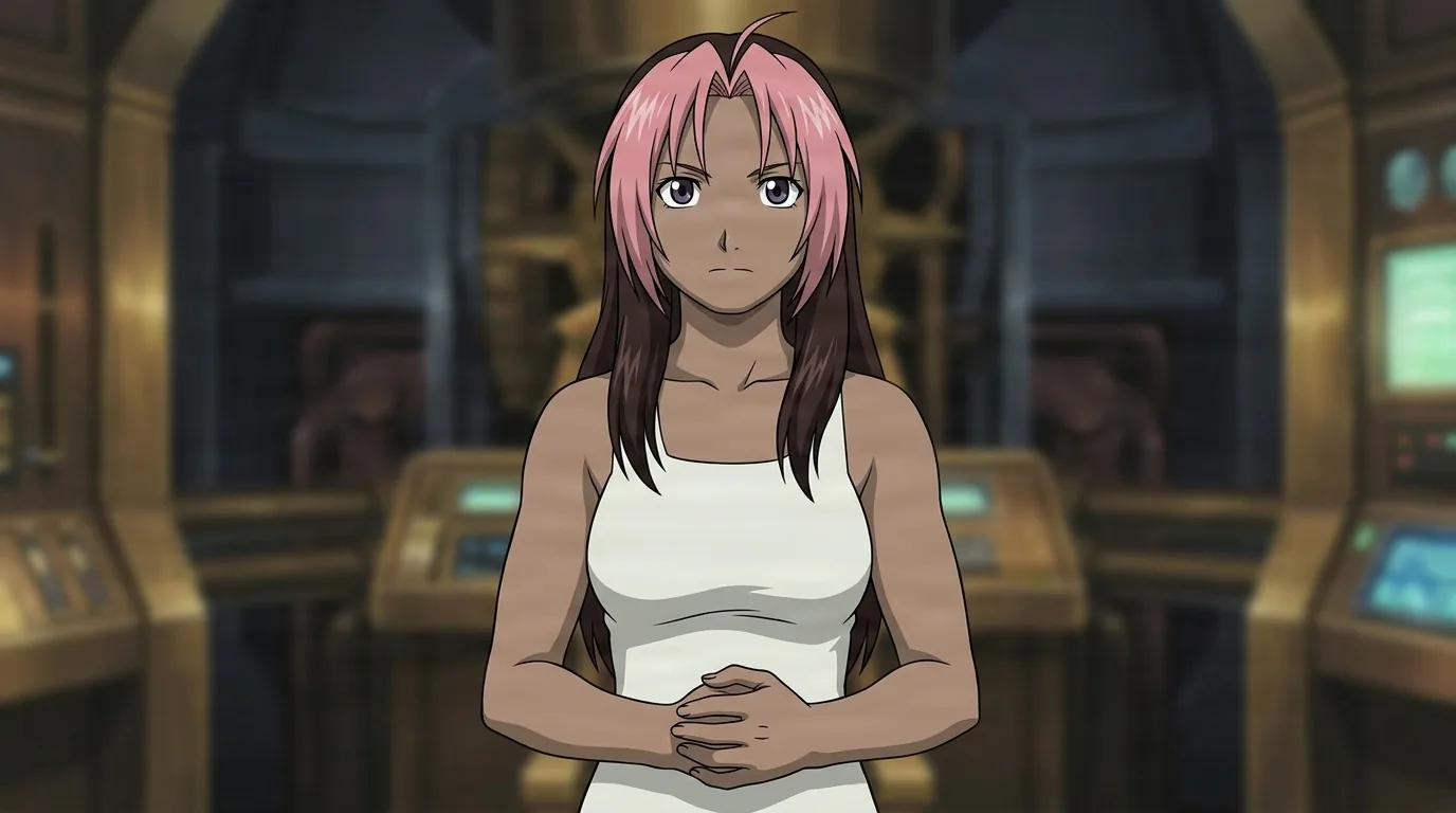Rose Thomas, a young woman with pink streaked brown hair in a white tank top, hands clasped in a dim machine filled hall