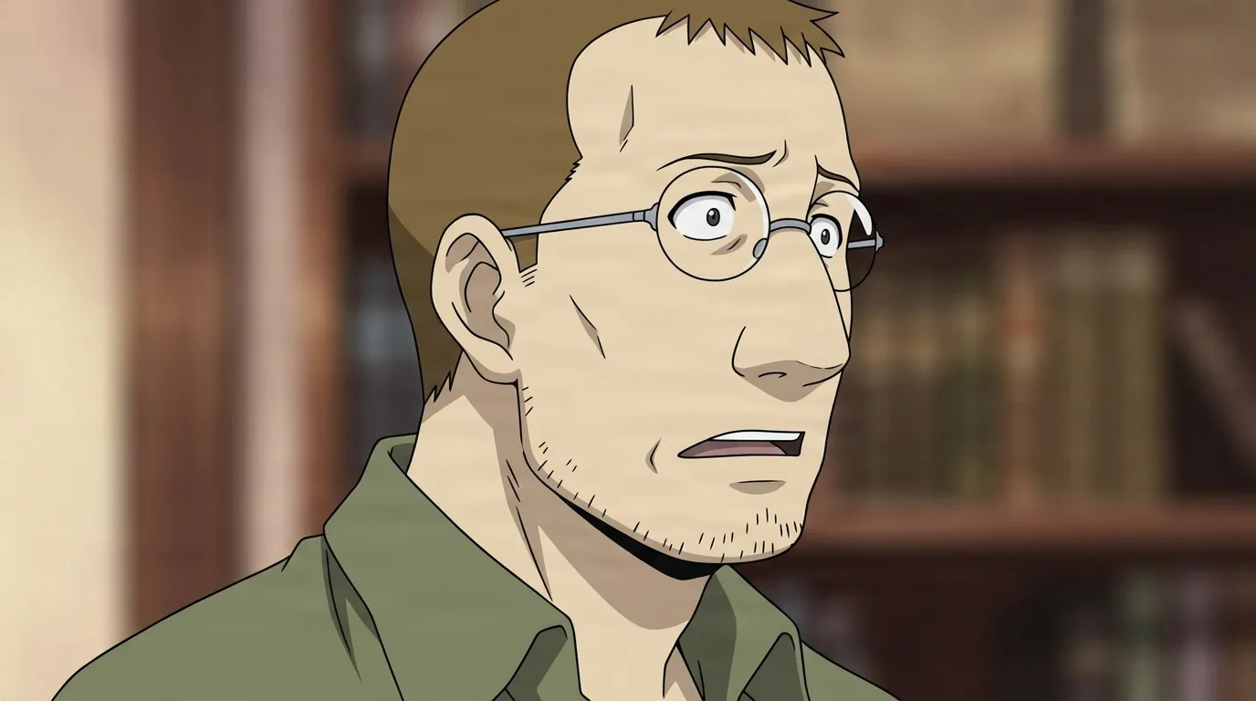 Shou Tucker from Fullmetal Alchemist in a close-framed cel-shaded anime scene with a detailed environment