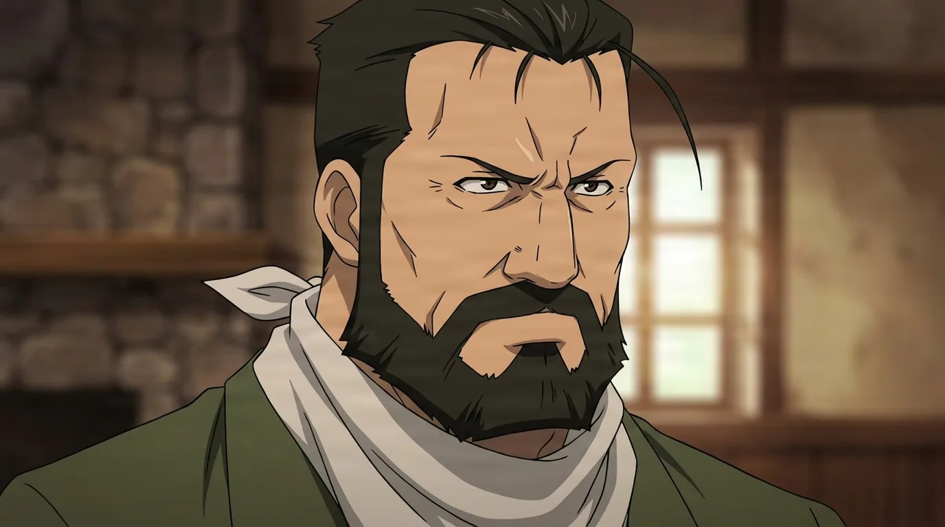 Sig Curtis from Fullmetal Alchemist in a close-framed cel-shaded anime scene with a detailed environment