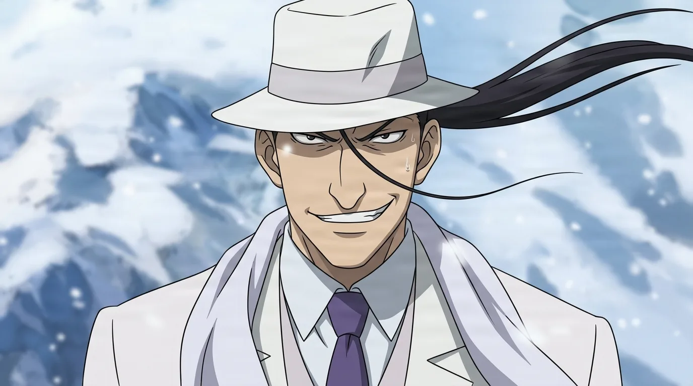 Solf J. Kimblee from Fullmetal Alchemist in a close-framed cel-shaded anime scene with a detailed environment