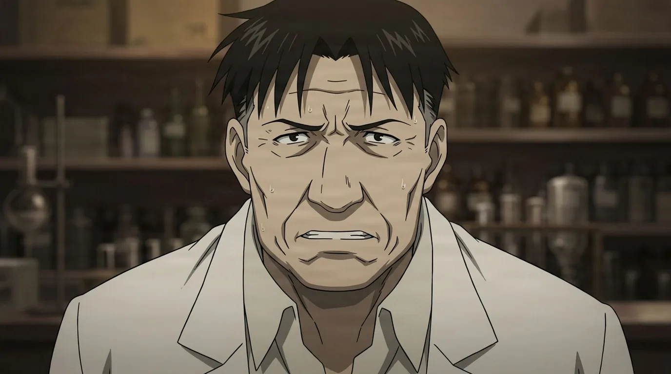 Tim Marcoh from Fullmetal Alchemist in a close-framed cel-shaded anime scene with a detailed environment