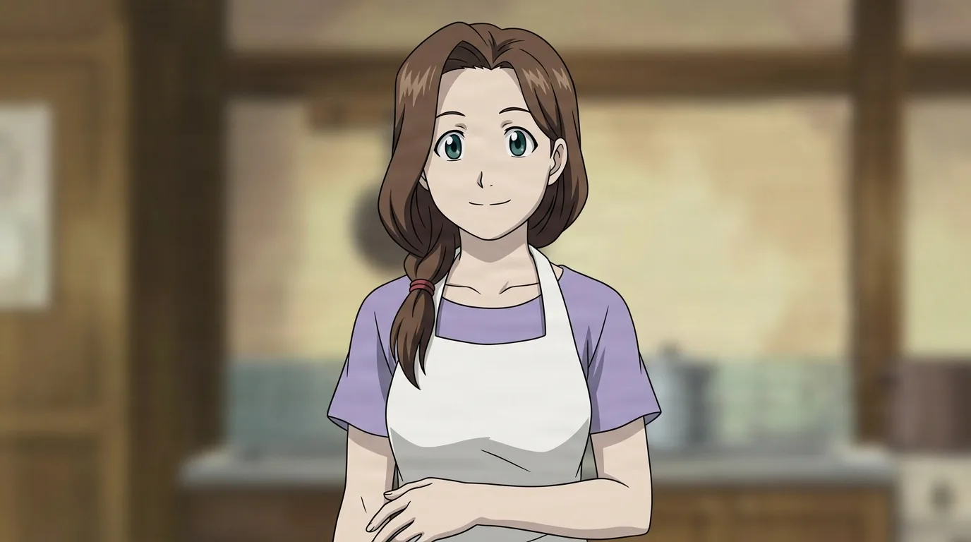 Trisha Elric from Fullmetal Alchemist in a close-framed cel-shaded anime scene with a detailed environment