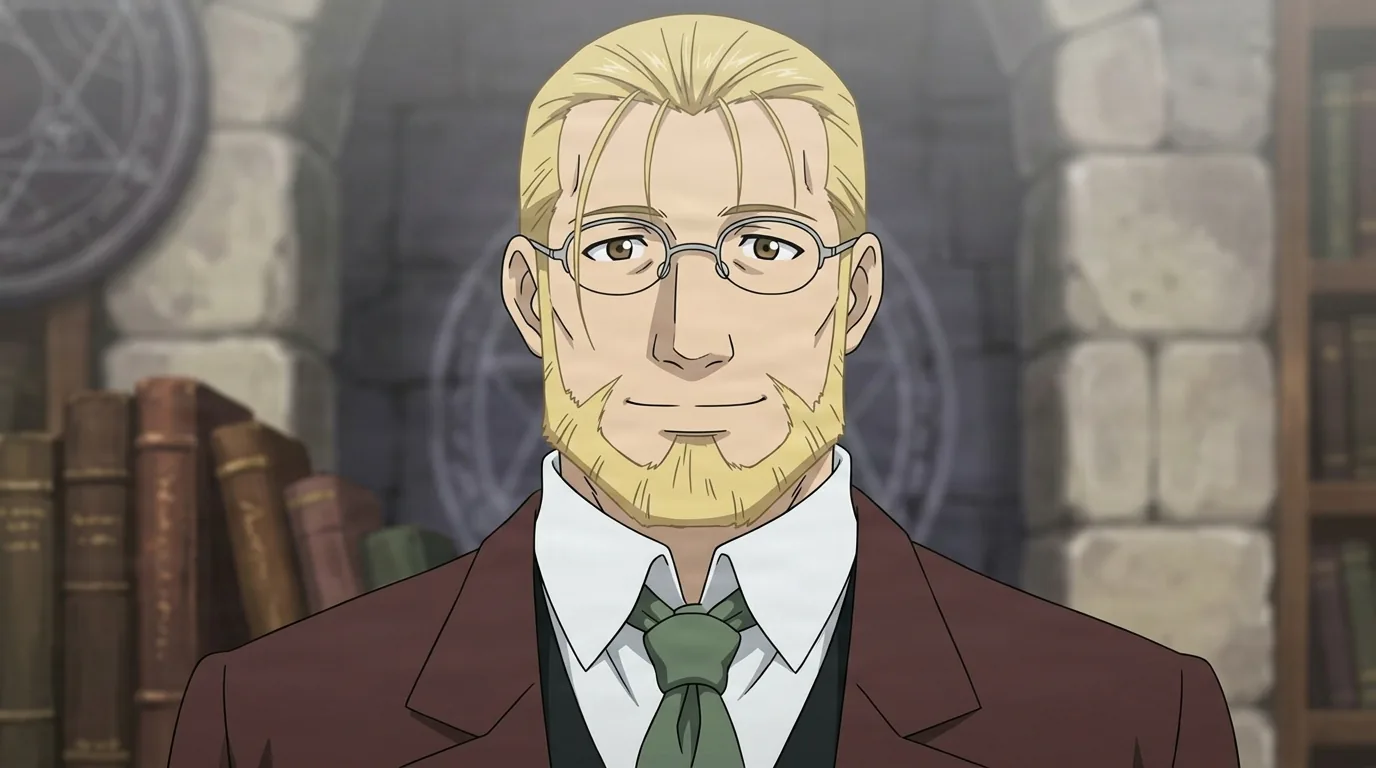 Van Hohenheim from Fullmetal Alchemist in a close-framed cel-shaded anime scene with a detailed environment