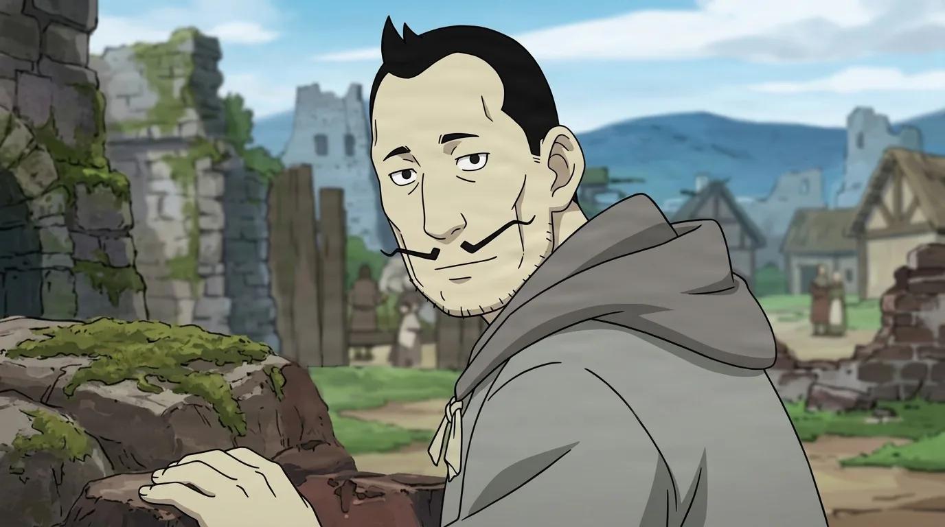 Yoki, a thin man with slicked black hair and a curled mustache in a grey hooded cloak, glancing back amid village ruins