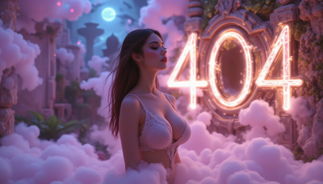 In the midst of an enchanting pink dreamscape, a young woman stands as the centerpiece. She's elegantly clad in a white lace bra and panties, exuding an air of allure and mystery. Her back is to us, allowing her body language to be the main focus. The signpost behind her boldly proclaims "404", perhaps symbolizing a quest for something unattainable or lost in cyberspace. The entire scene is awash with pink bubbles floating around her, adding to the dream-like quality of the image. The woman's position in front of the signpost suggests she may be looking for it or trying to decipher its message.