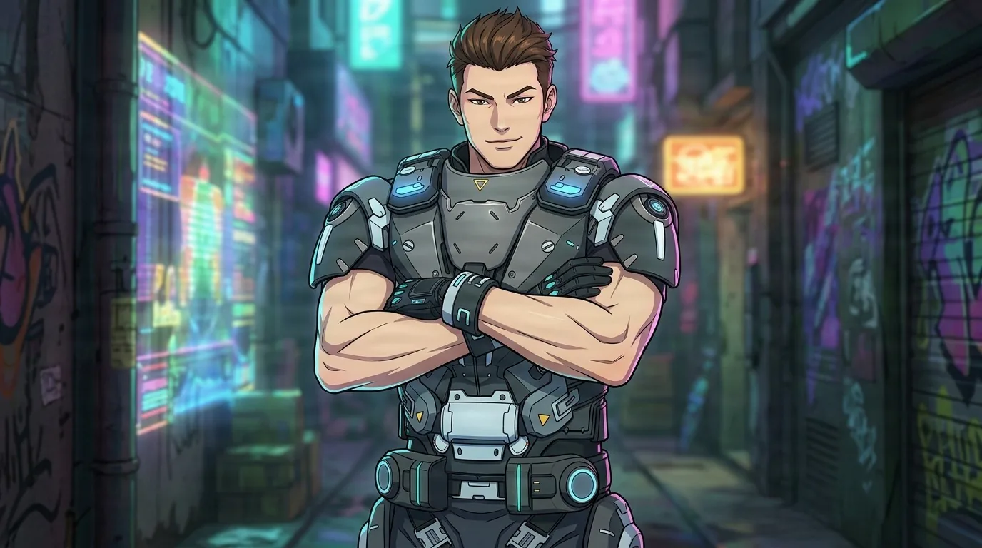 Azuma standing with arms crossed in grey powered armor lit by blue panels, neon signs and graffiti filling the alley behind him