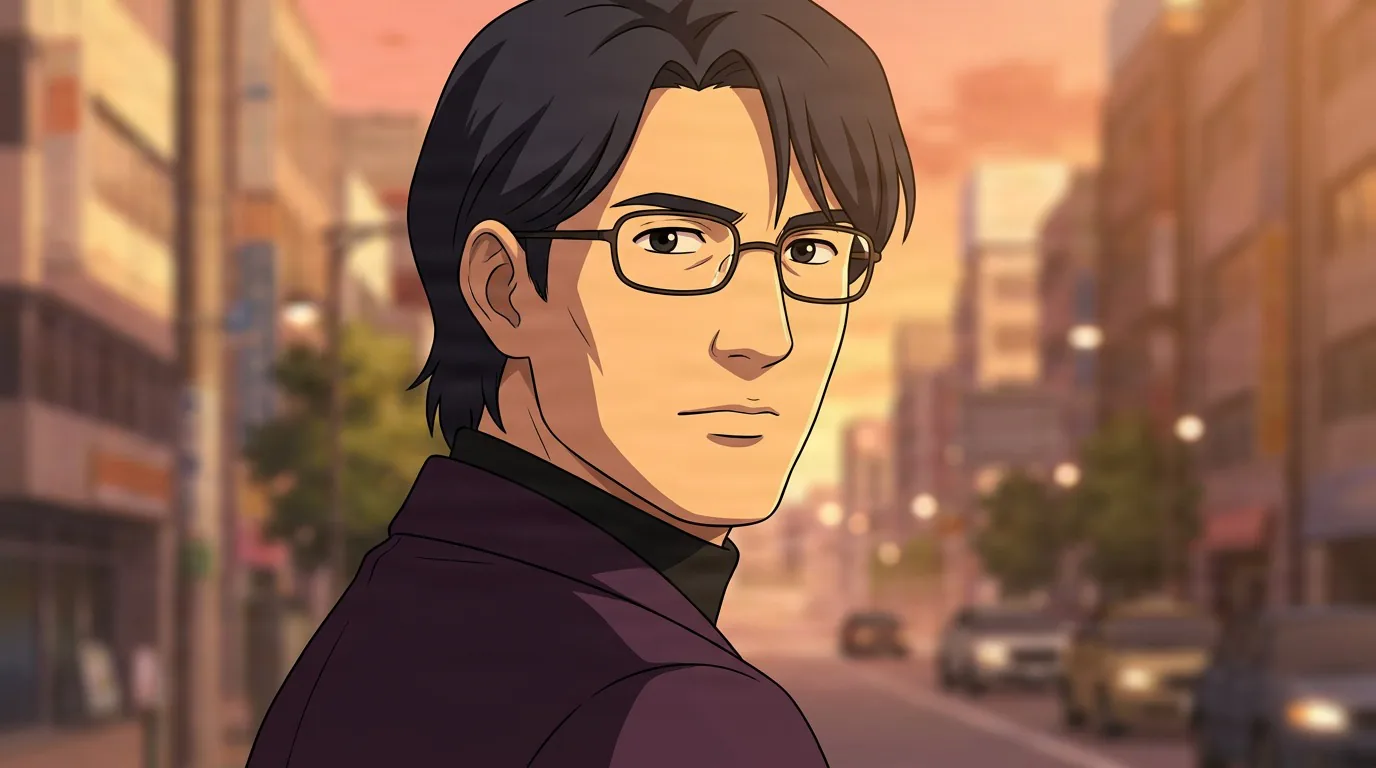 Dobashi, a man with glasses in a dark purple jacket, looks over his shoulder on a city street at sunset.