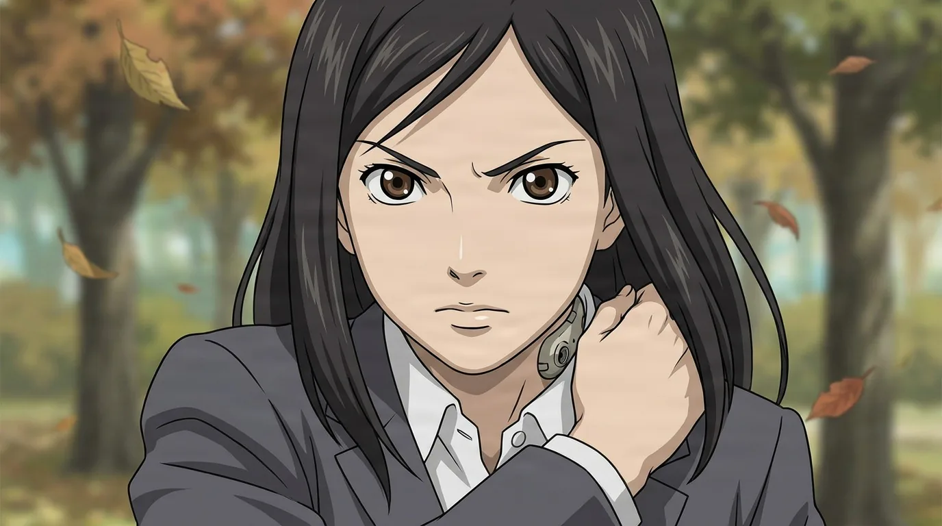 Eka Turkuro, a long black-haired woman in a gray suit with a neck port, clutches her collar amid autumn trees.