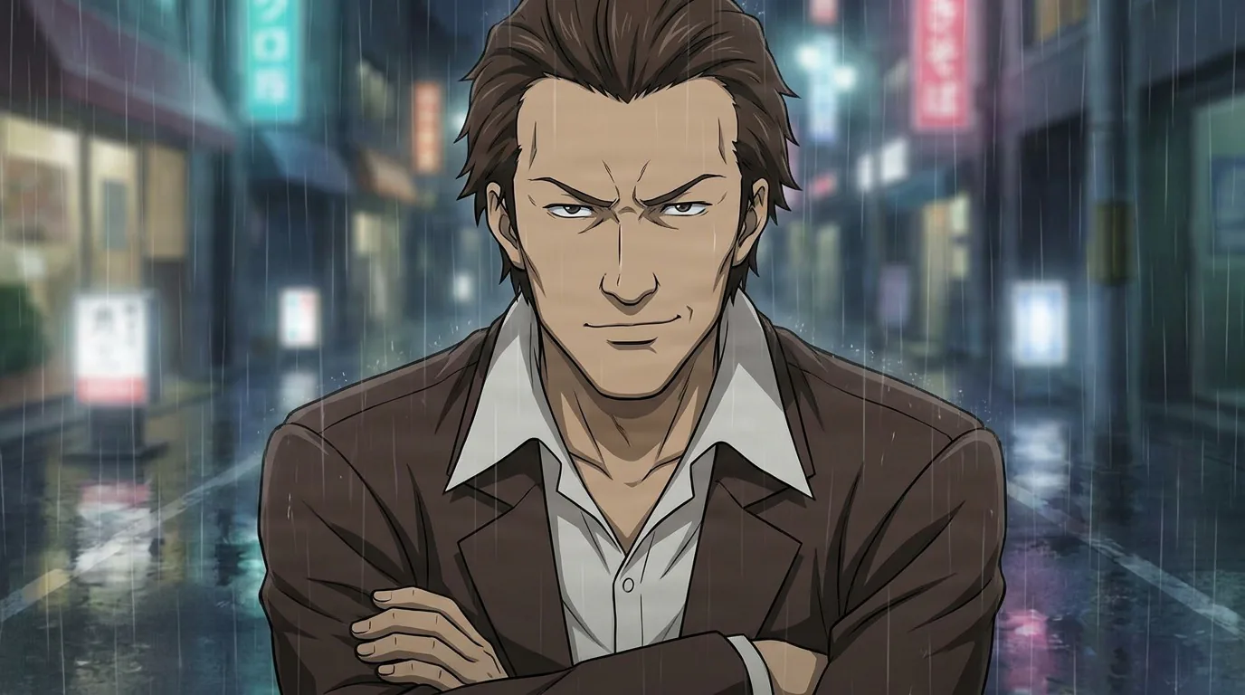 Pazu, a brown-haired man in a brown jacket, stands with crossed arms on a rainy neon-lit street at night.