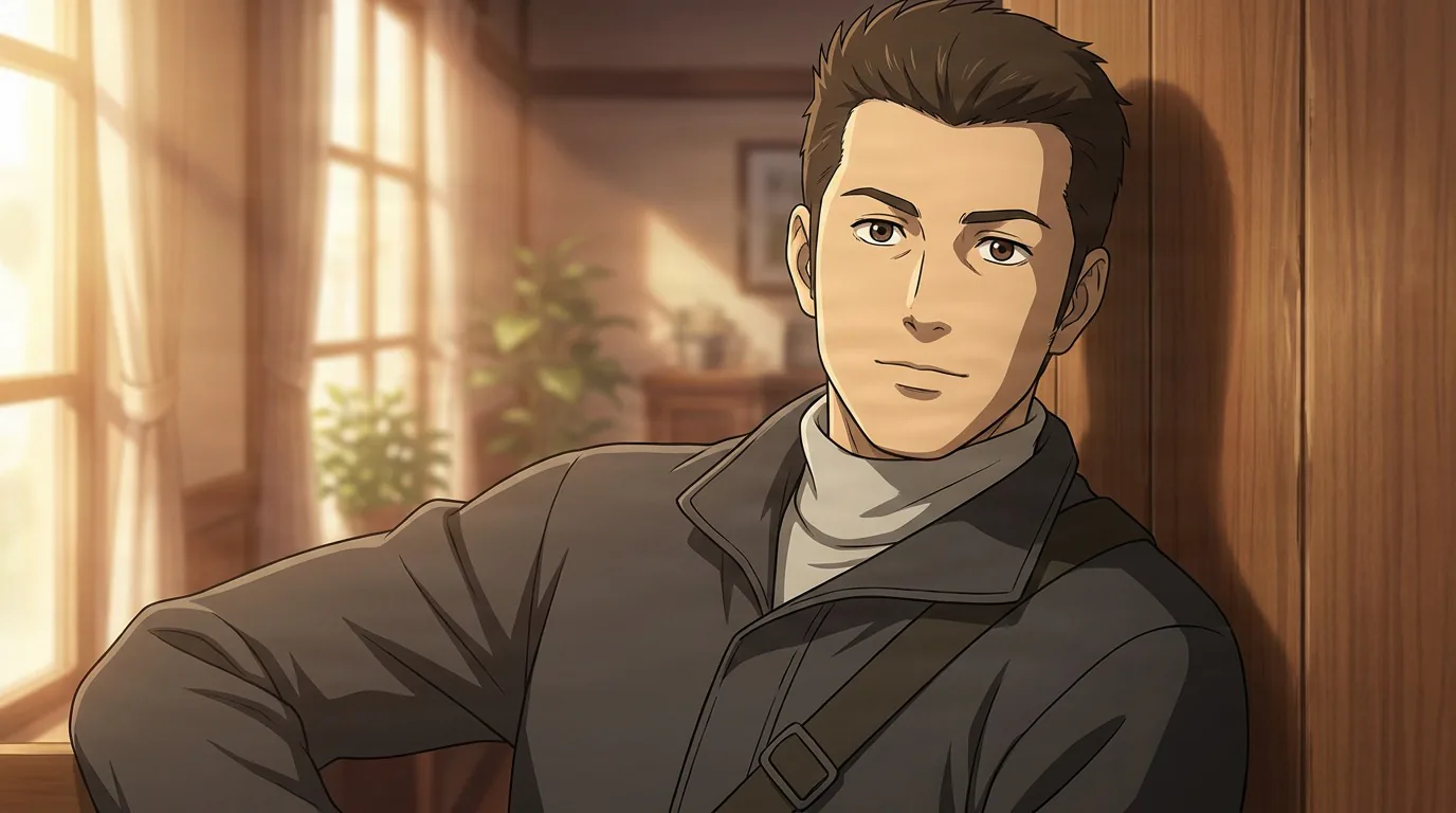 Yano, a young man with spiky brown hair in a gray coat over a turtleneck, sits in a warm wood-paneled room by a sunlit window.