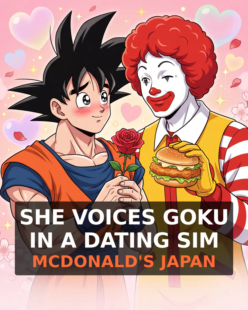 A blushing Goku from Dragon Ball holds a red rose and looks lovingly at a winking Ronald McDonald who is holding a burger, set against a romantic pink background overlaid with the text "SHE VOICES GOKU IN A DATING SIM MCDONALD'S JAPAN".