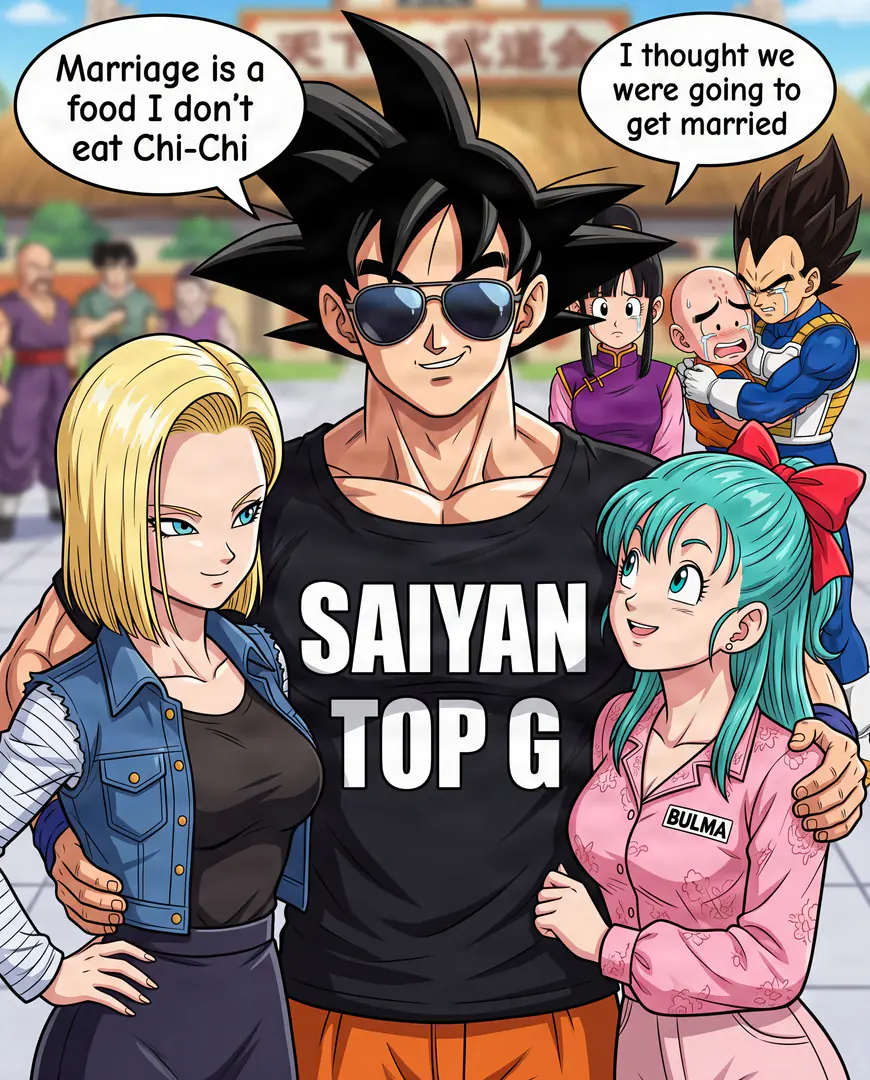Goku from Dragon Ball wears sunglasses and a "SAIYAN TOP G" shirt while confidently embracing Android 18 and Bulma, telling a crying Chi-Chi in the background that marriage is a food he does not eat.