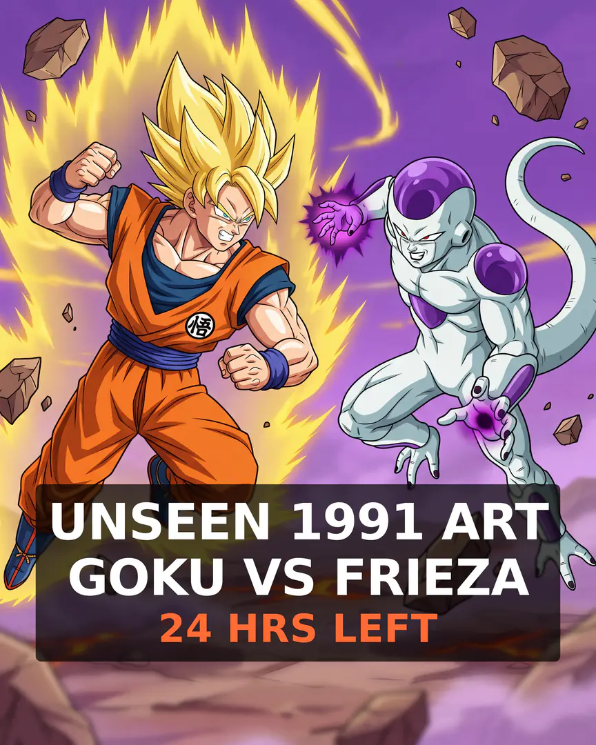 A dynamic illustration shows Super Saiyan Goku from Dragon Ball facing off against Frieza above text reading UNSEEN 1991 ART GOKU VS FRIEZA 24 HRS LEFT.