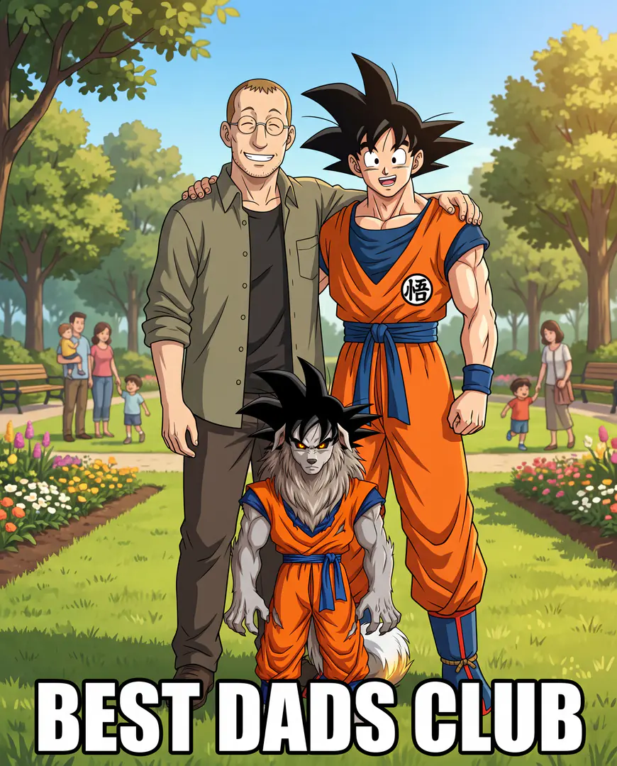 A meme reading "BEST DADS CLUB" shows Goku from Dragon Ball and a smiling man with glasses posing together in a sunny park alongside a small, furry chimera wearing a matching orange gi.