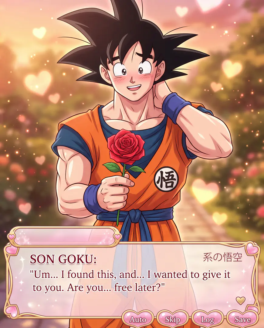 In a romantic visual novel scene filled with floating hearts, a blushing Goku nervously offers a red rose while a text box shows him asking the viewer out.