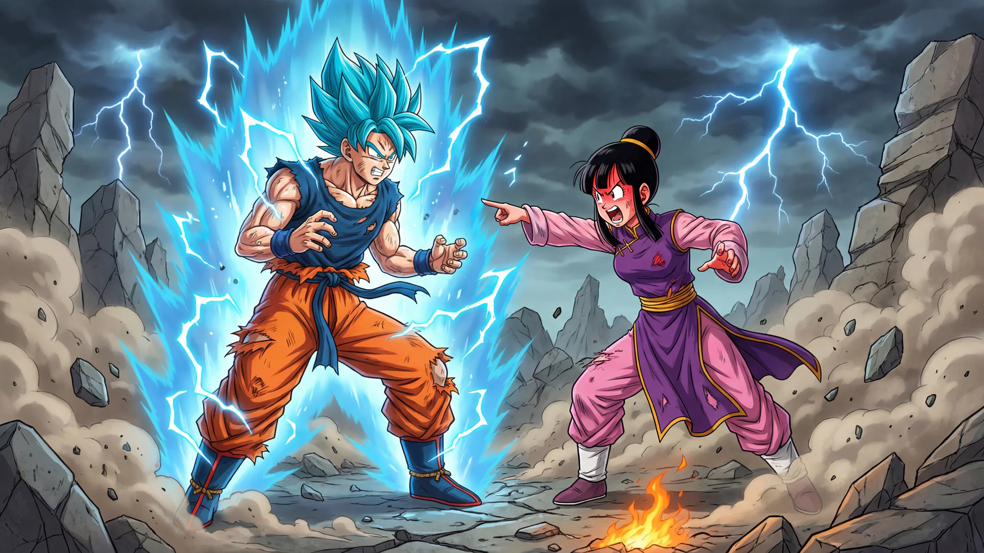 Goku powering up with golden Super Saiyan aura, dynamic anime-style AI Art by Daddy Jim Headquarters