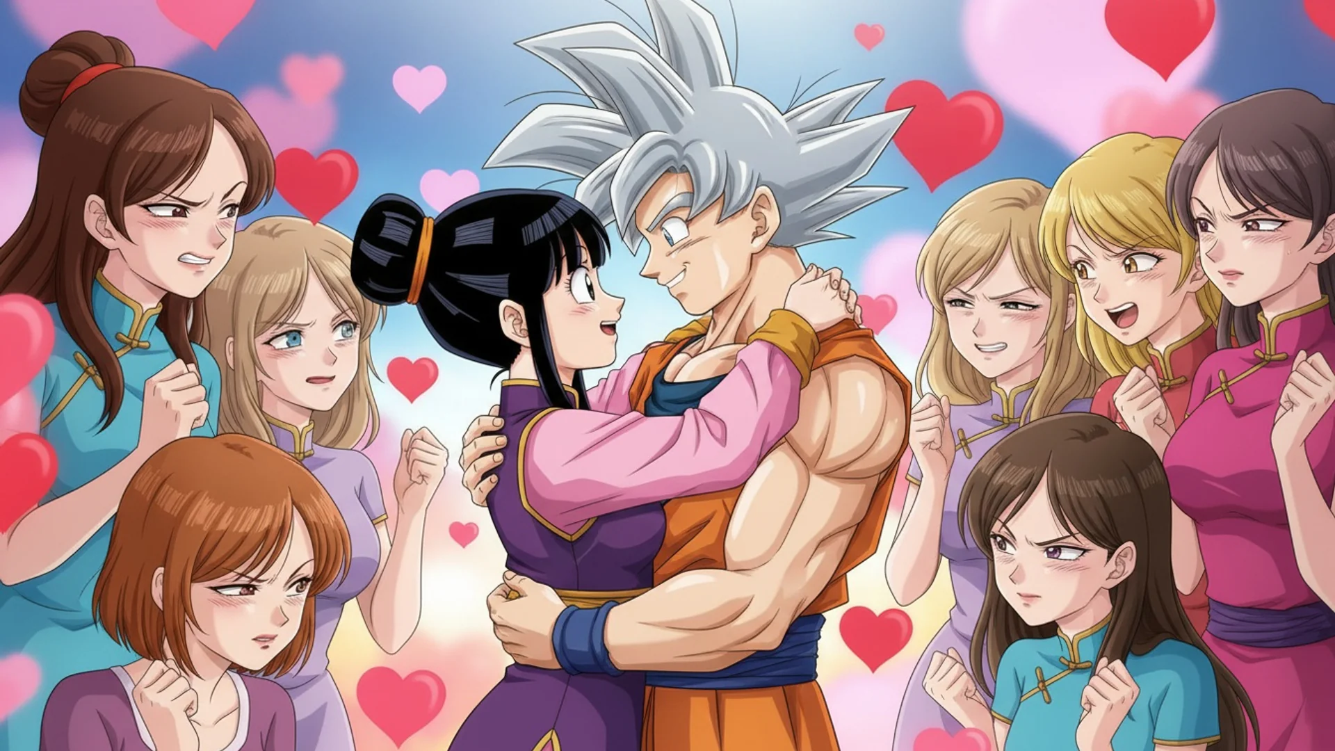 AI Art of Goku in a romantic embrace, vibrant anime-style illustration created at Daddy Jim Headquarters